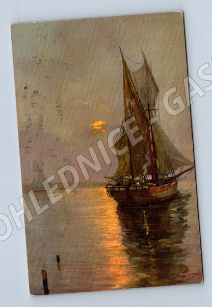 Pohlednice loď na vodě – západ slunce (M3907)