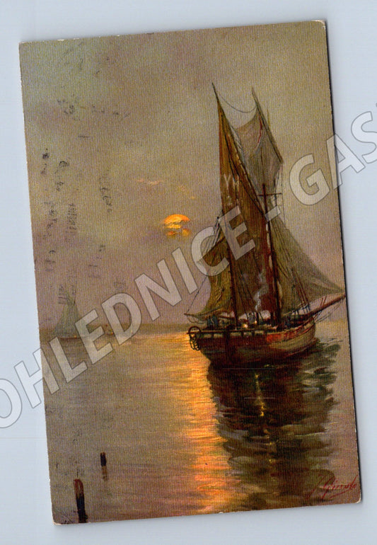 Pohlednice loď na vodě – západ slunce (M3907)