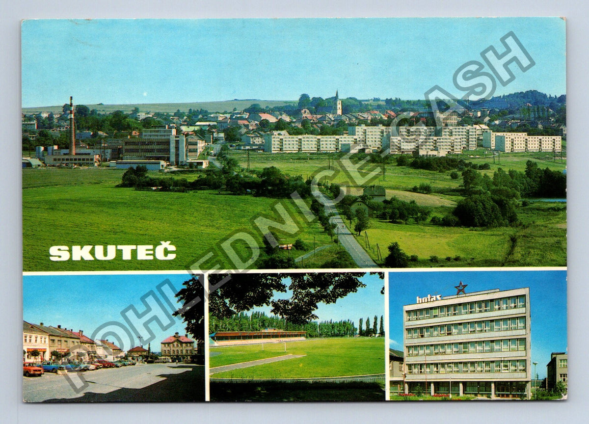 Pohlednice Skuteč celkový pohled náměstí stadion hotel (M39105)