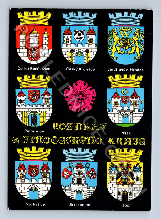 Pohlednice Pozdrav z Jihočeského kraje hrady zámky erby (M39128)