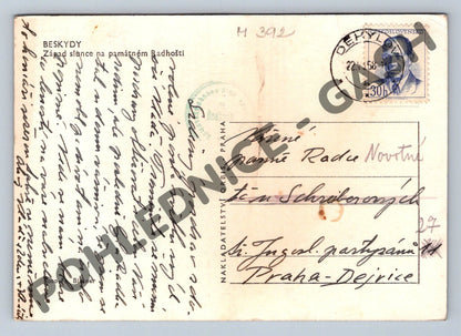 Pohlednice Beskydy západ slunce na Radhošti kaple 1958 (M392)