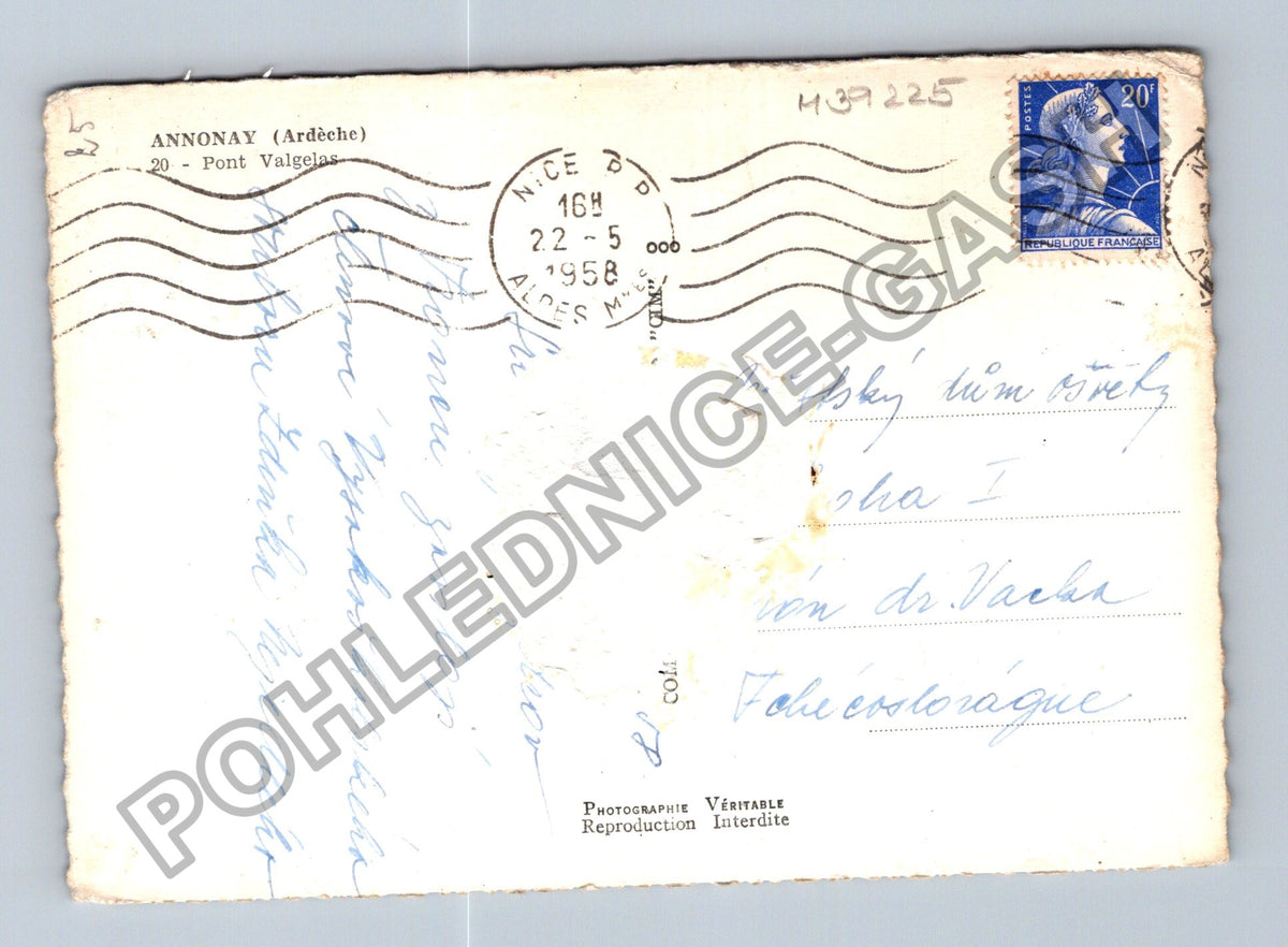 Pohlednice Francie Annonay Ardeche Pont Valgelas 1958 (M39225)