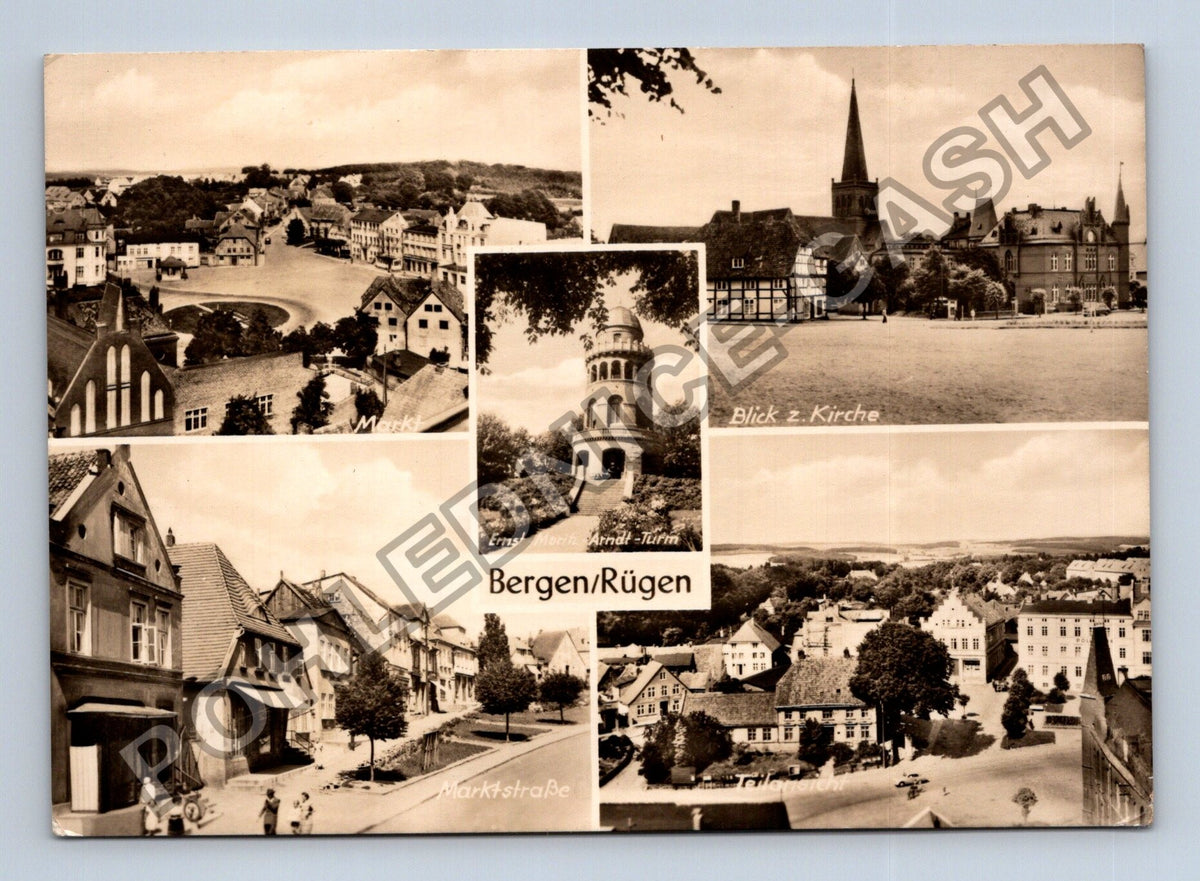 Pohlednice Německo Bergen Rügen koláž kostel věž ulice 1951 (M39275)