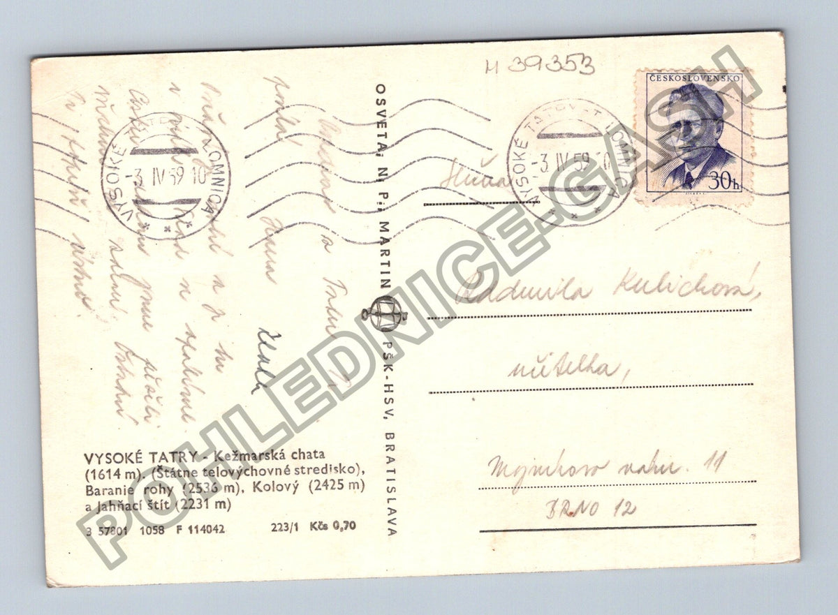 Pohlednice Slovensko Vysoké Tatry Kežmarská chata 1959 (M39353)