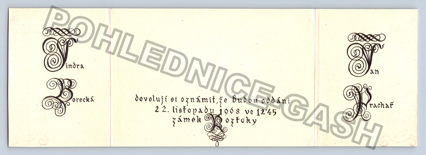 Starý Oznámení o sňatku Jindry a Jana Machaře Zámek Otoky (M39444)