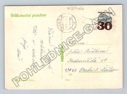 Pohlednice Velikonoční pozdrav malovaná vajíčka v košíku (M39466)
