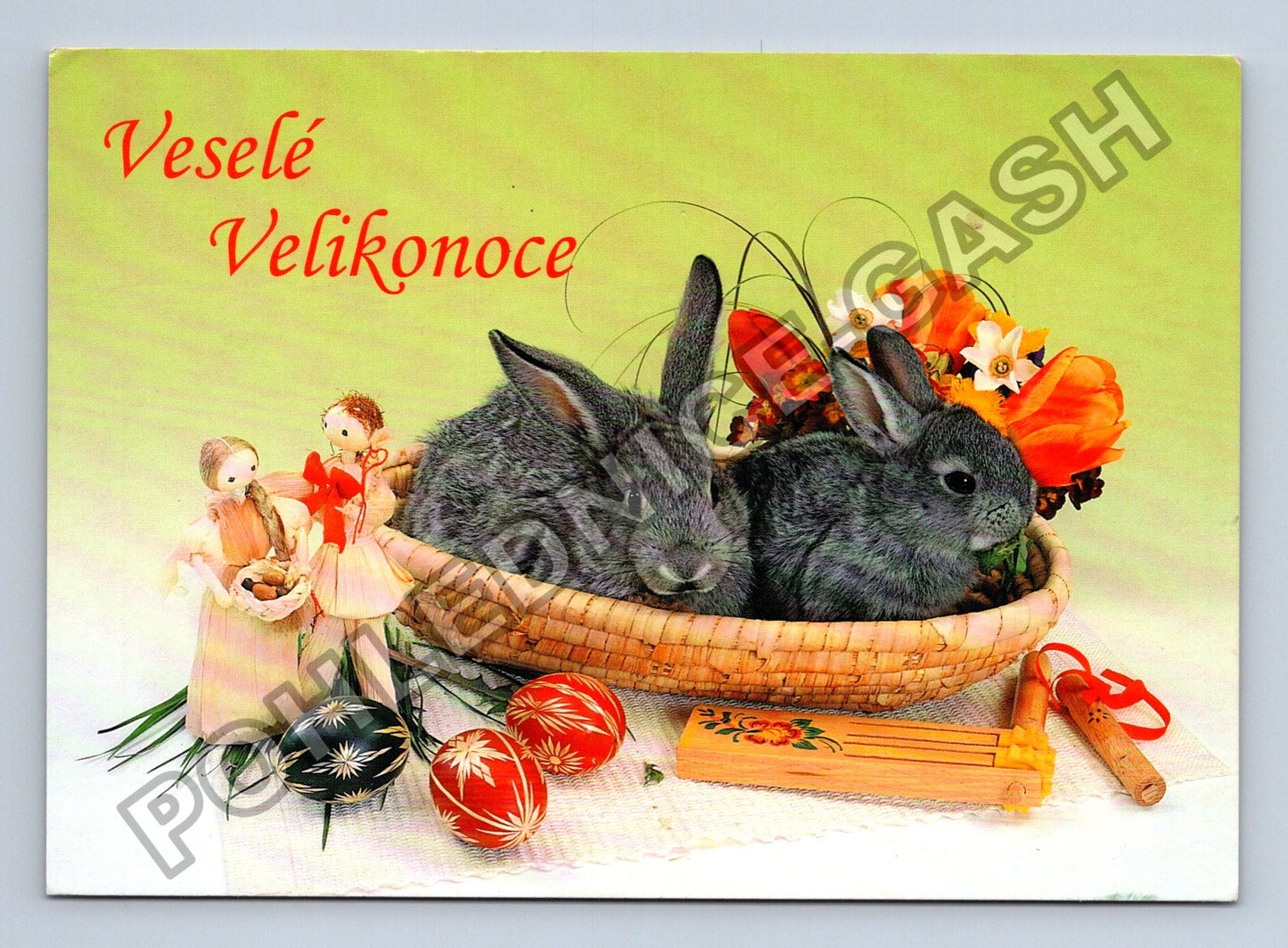Pohlednice Veselé Velikonoce králíci v košíku vajíčka (M39473)
