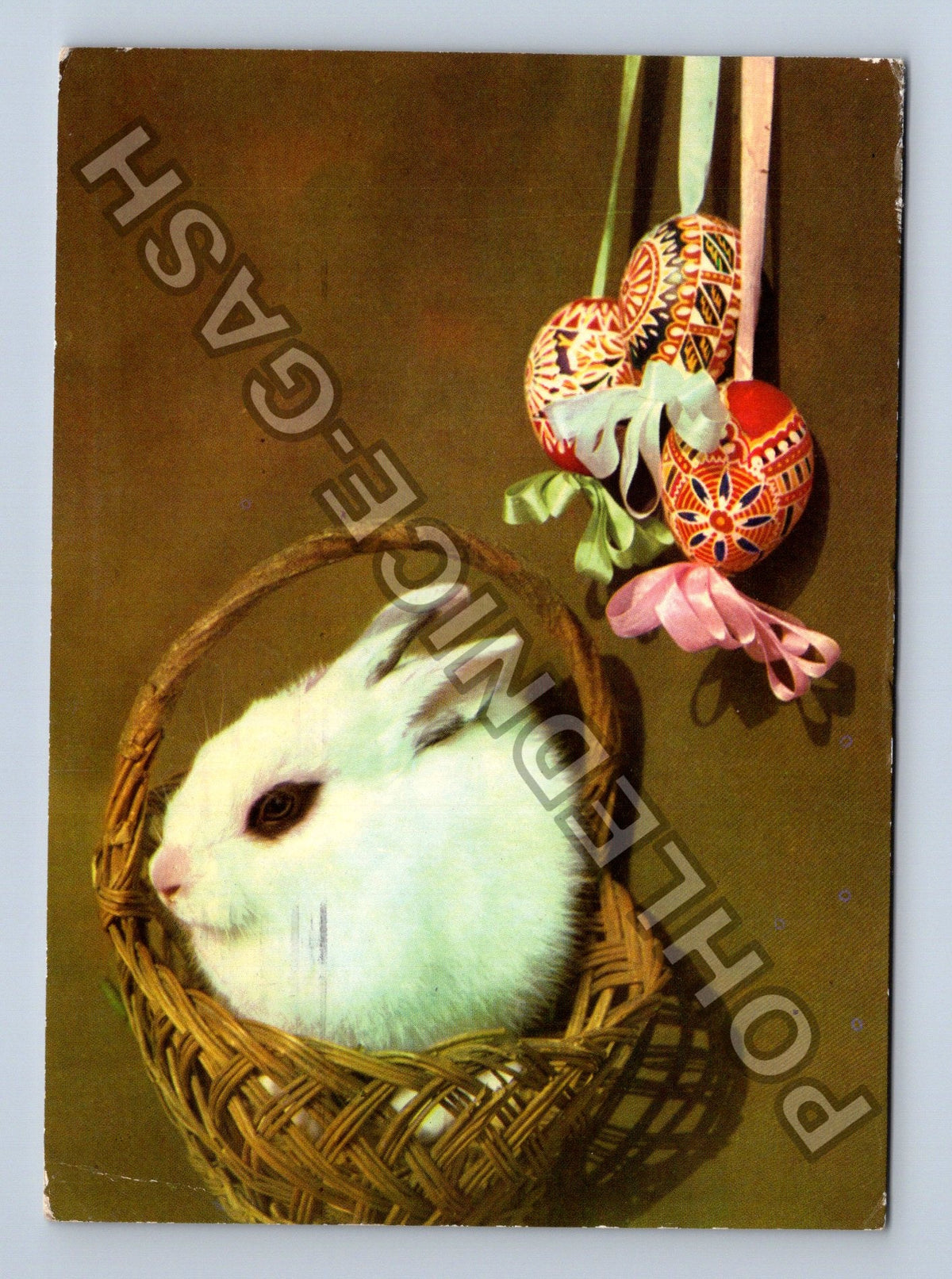 Pohlednice Velikonoce králík v košíku zdobená vejce 1969 (M39474)