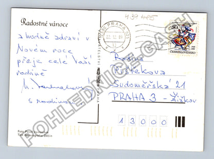 Pohlednice Vánoční kapr svíčka jehličí 1989 (M39485)