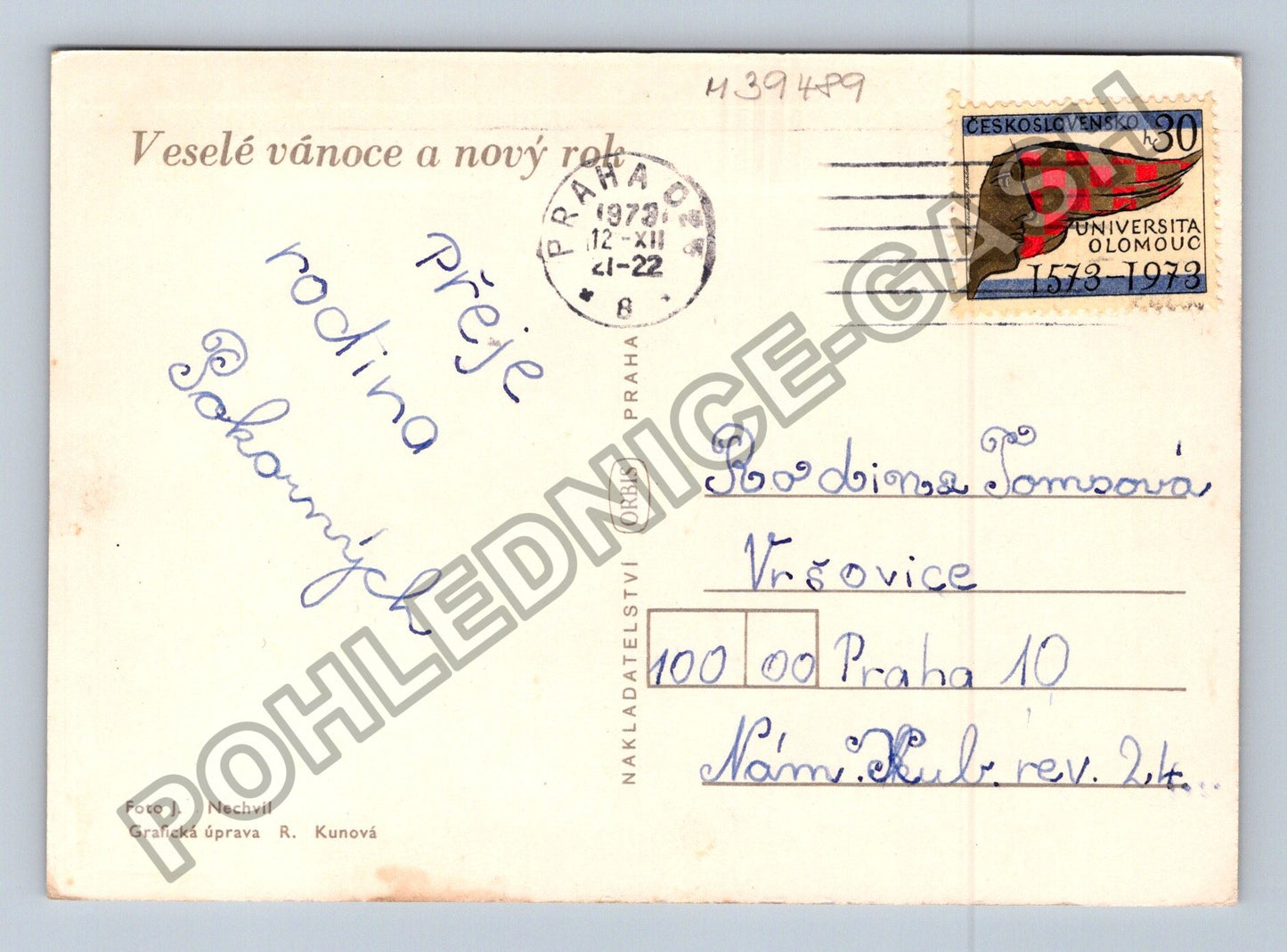 Pohlednice Vánoční motiv lesní roh jmelí ozdoby 1973 (M39489)
