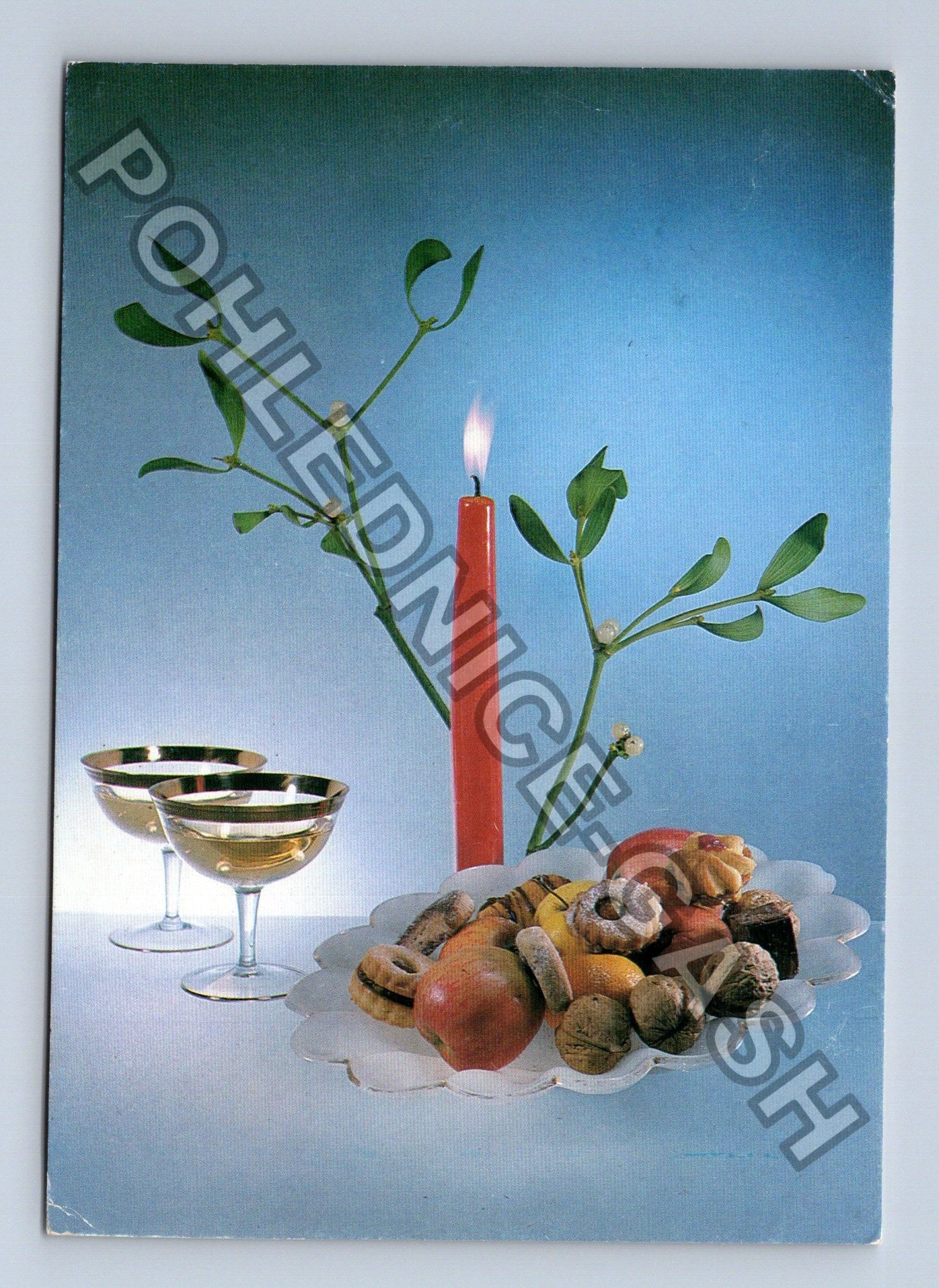 Pohlednice Vánoční zátiší svícen jmelí ovoce 1977 (M39502)