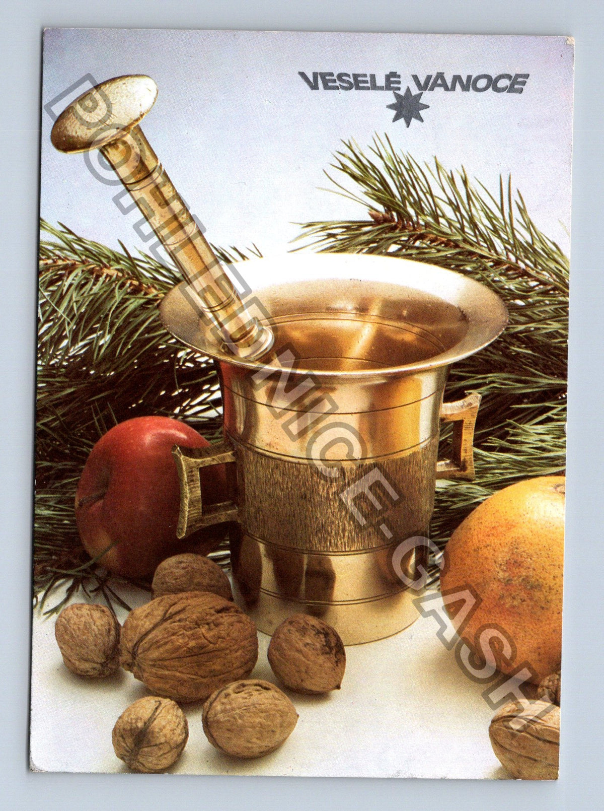 Pohlednice Vánoční motiv hmoždíř jablko ořechy 1986 (M39505)