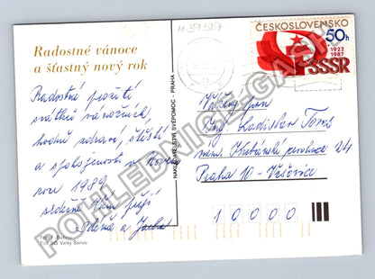 Pohlednice Vánoční motiv jablka ořechy jehličí svíčka 1987 (M39507)