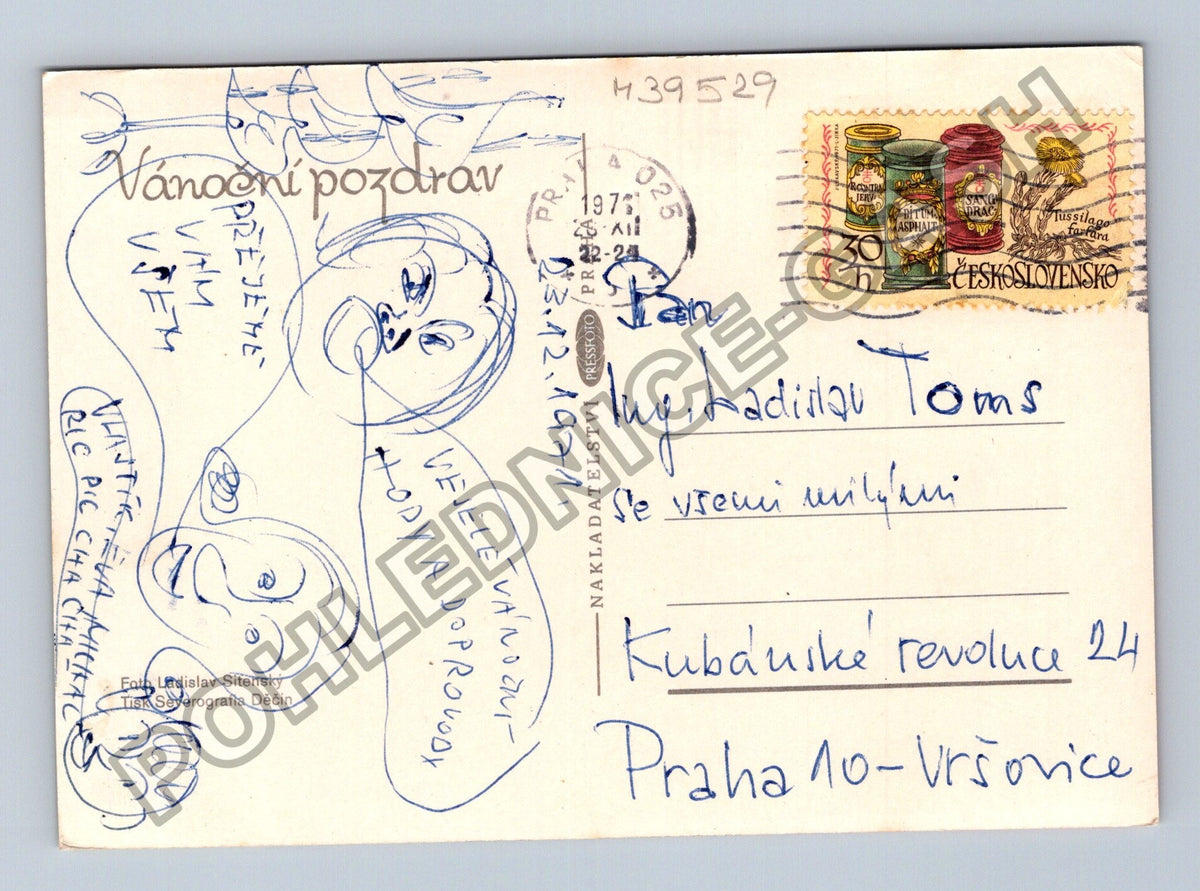 Pohlednice Vánoční motiv prskavka jmelí svíčka 1975 (M39529)