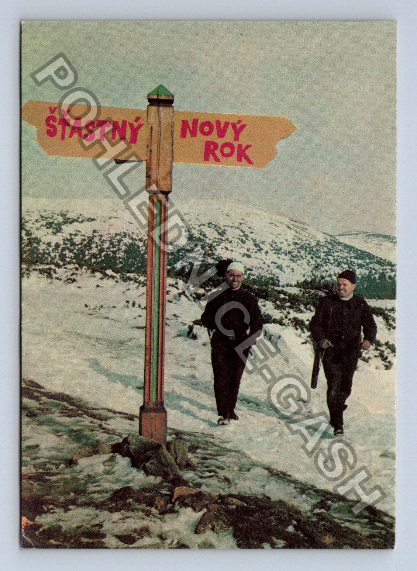 Pohlednice Šťastný Nový Rok horská krajina dvě postavy (M39536)