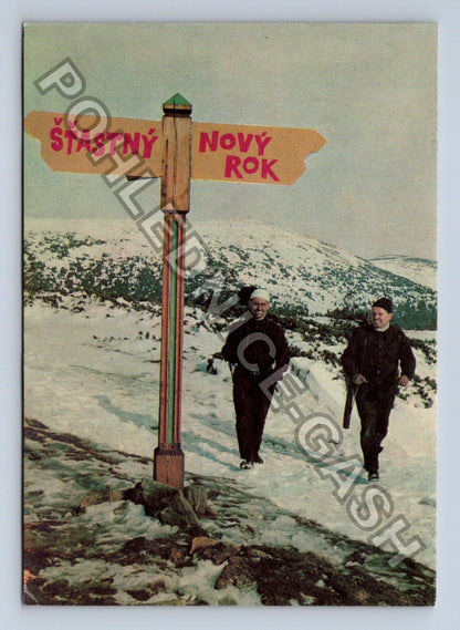 Pohlednice Šťastný Nový Rok horská krajina dvě postavy (M39536)