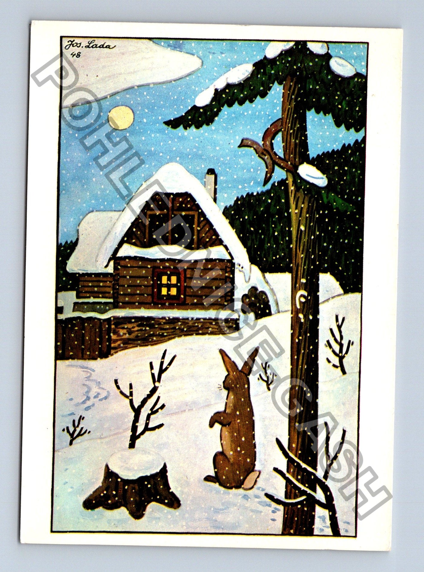 Pohlednice Josef Lada zimní motiv chaloupka kocour 1948 (M39540)