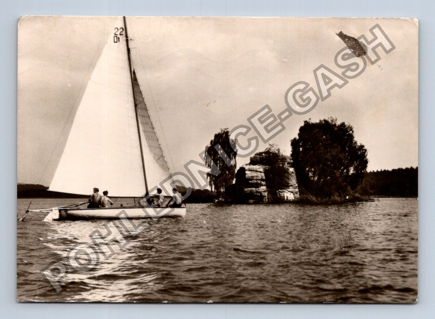 Pohlednice Máchovo jezero Ostrůvek Myšlín plachetnice 1957 (M39609)