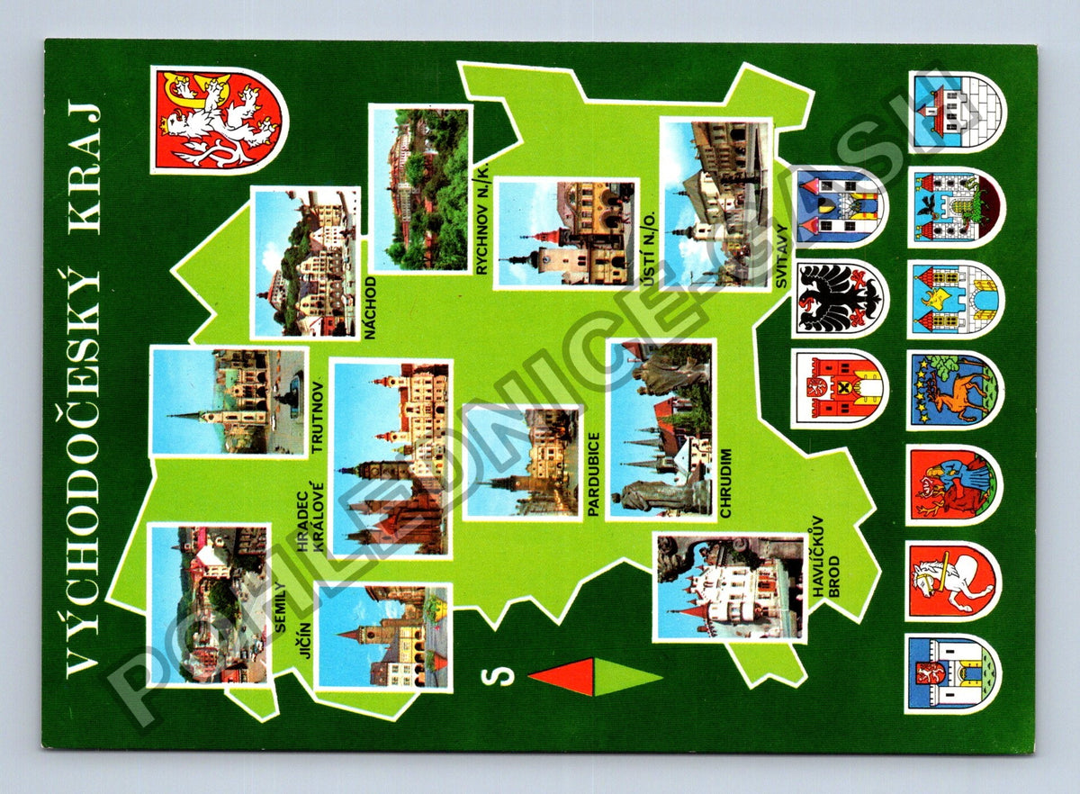 Pohlednice Východočeský kraj mapa s městy 1993 (M39649)