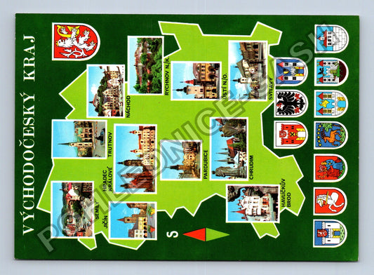 Pohlednice Východočeský kraj mapa s městy 1993 (M39649)