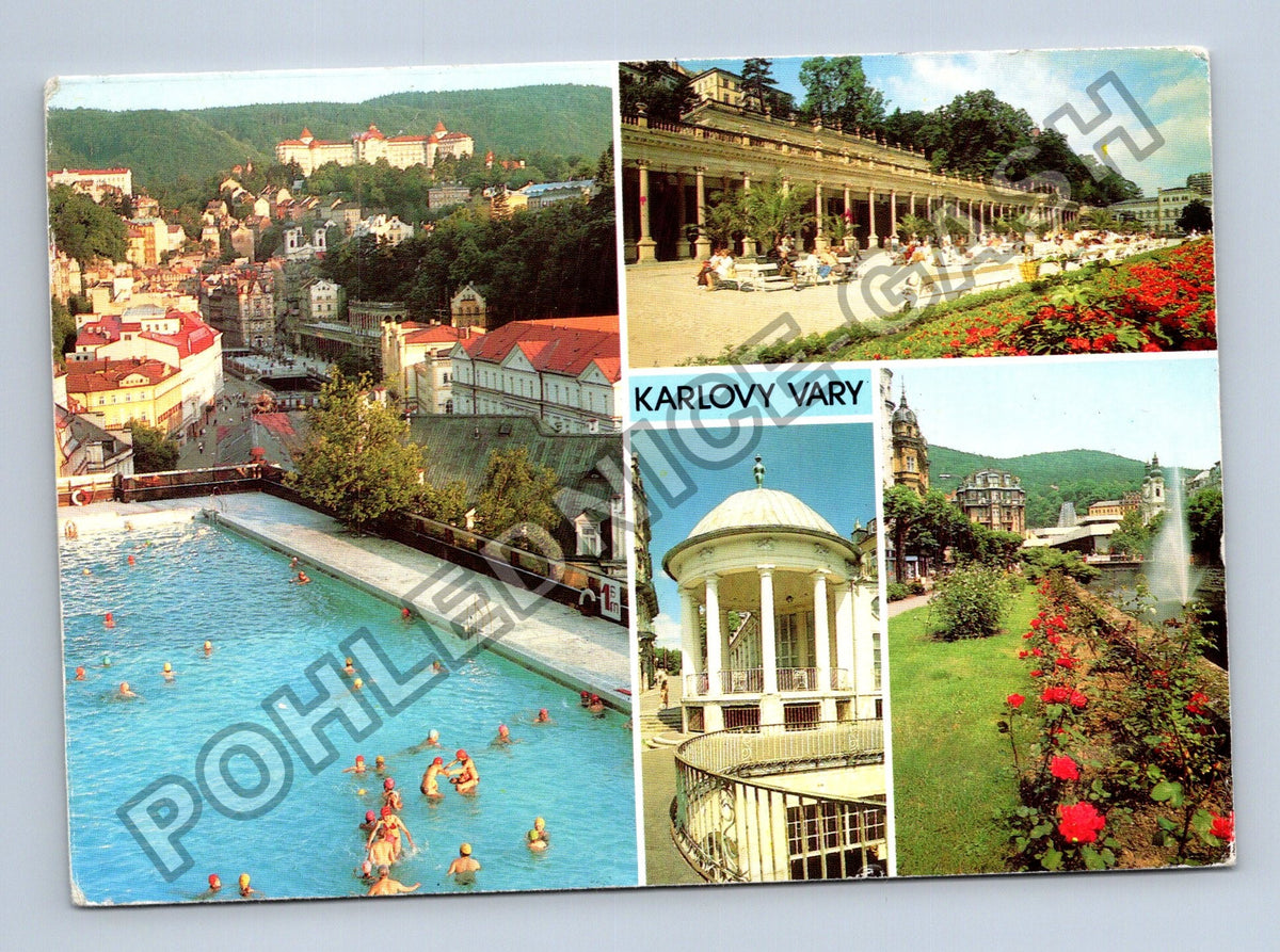 Pohlednice Karlovy Vary Mlynská kolonáda bazén Zámecký pramen (M39675)