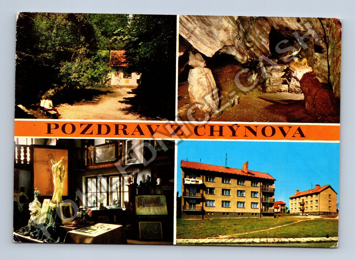 Pohlednice Chýnov jeskyně sochařská dílna sídliště 1977 (M39696)