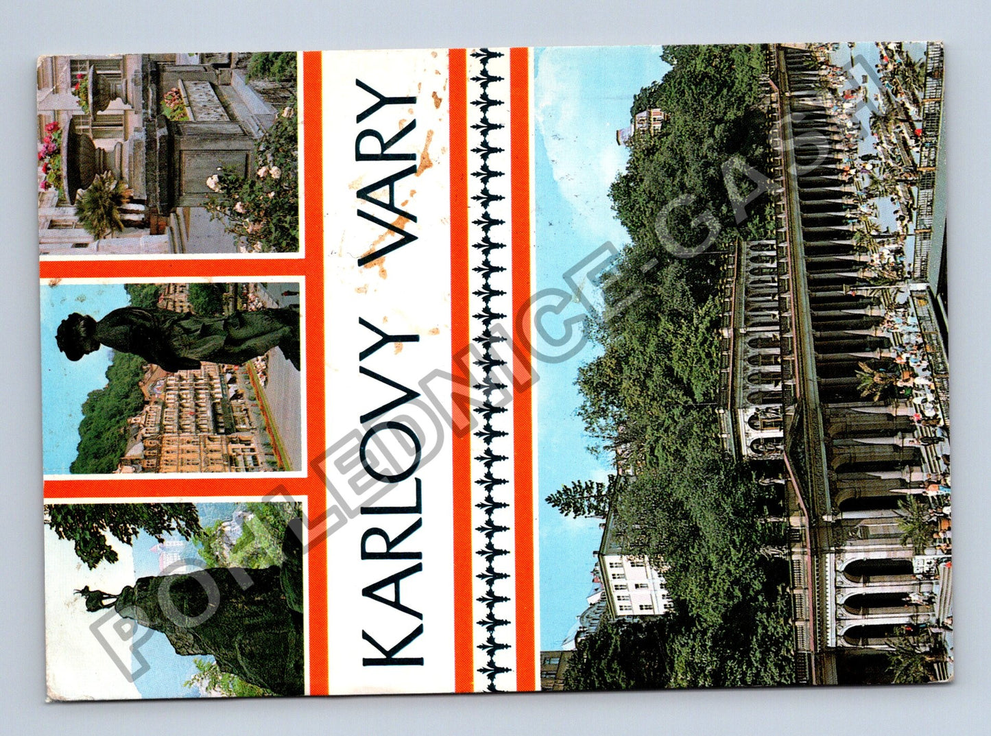 Pohlednice Karlovy Vary lázeňská kolonáda socha (M39700)