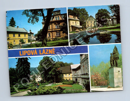 Pohlednice Lipová Lázně koláž budovy park socha (M39701)