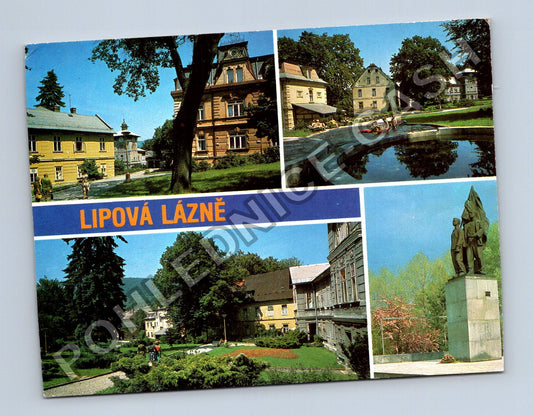Pohlednice Lipová Lázně koláž budovy park socha (M39701)