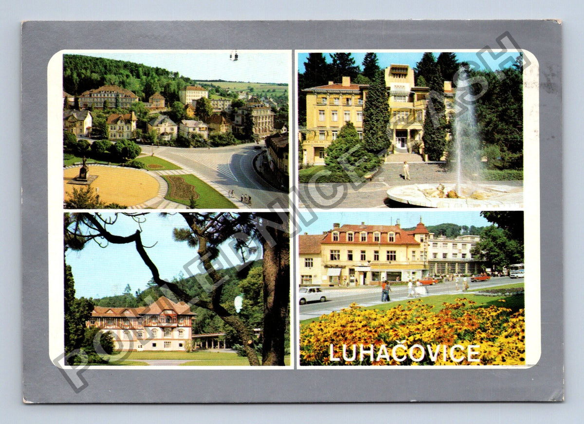 Pohlednice Luhačovice koláž motivů lázeňské budovy (M39725)