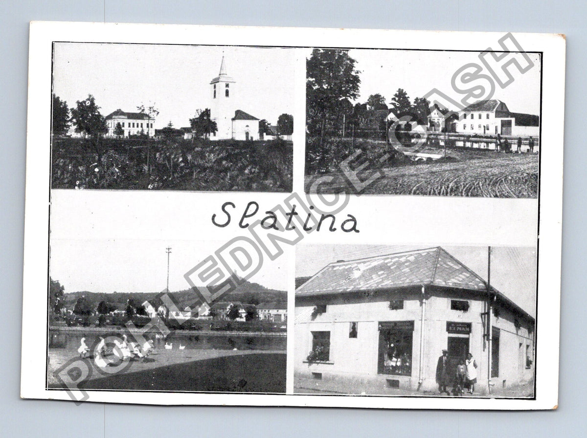 Pohlednice Slatina u Libochovic kostel rybník obchod (M39809)
