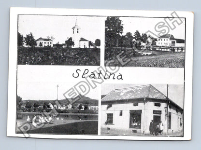 Pohlednice Slatina u Libochovic kostel rybník obchod (M39809)