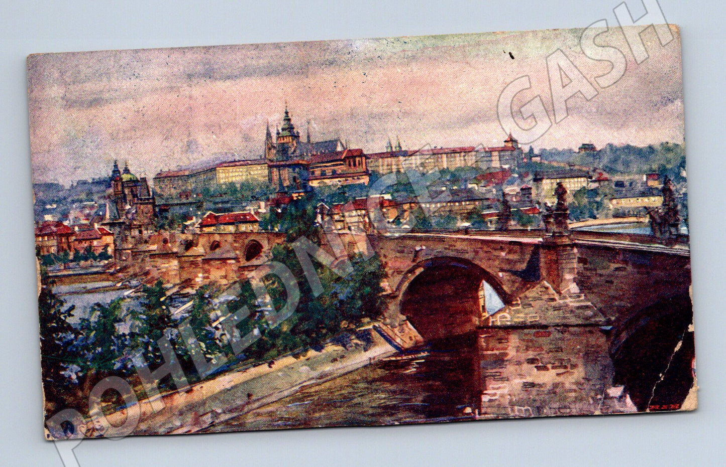 Pohlednice Praha Karlův most a Hradčany malovaná 1926 (M3992)