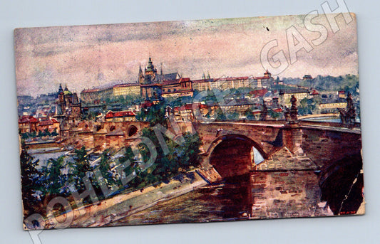Pohlednice Praha Karlův most a Hradčany malovaná 1926 (M3992)