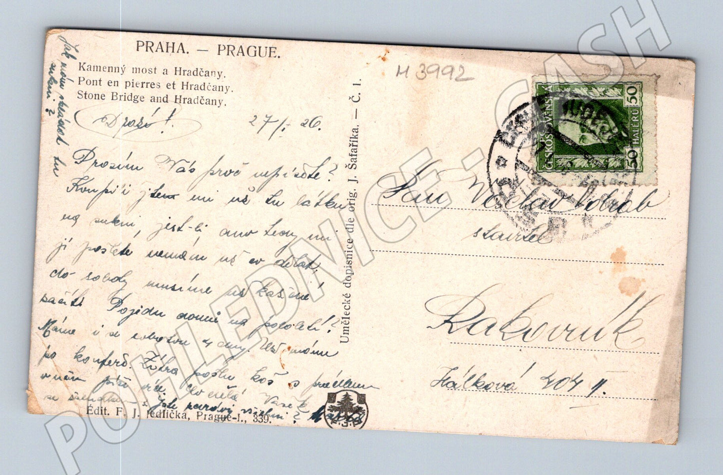 Pohlednice Praha Karlův most a Hradčany malovaná 1926 (M3992)