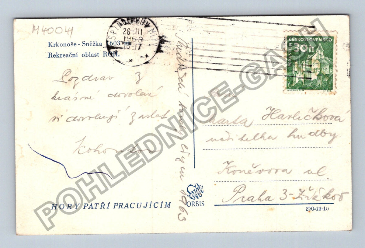 Pohlednice Krkonoše Sněžka Rekreační oblast ROH 1953 (M40041)