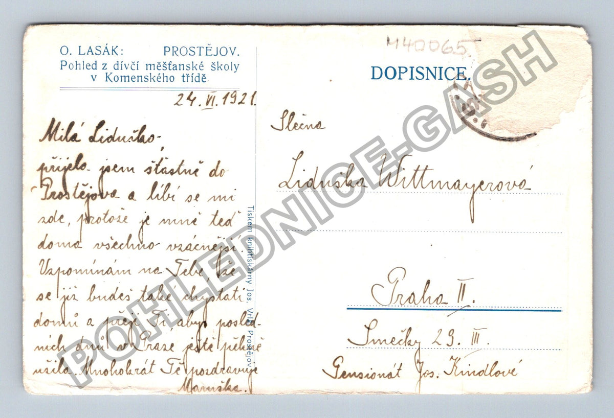 Pohlednice Prostějov pohled z dívčí měšťanské školy 1921 (M40065)