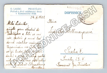 Pohlednice Prostějov pohled z dívčí měšťanské školy 1921 (M40065)