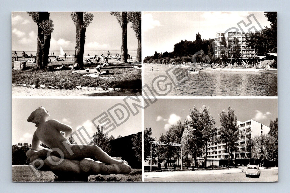 Pohlednice Maďarsko Siófok hotel pláž socha 1964 (M40097)