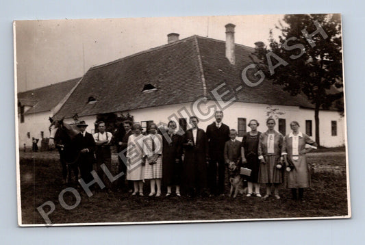 skupinová fotografie venkovské stavení kůň pes (M40439)