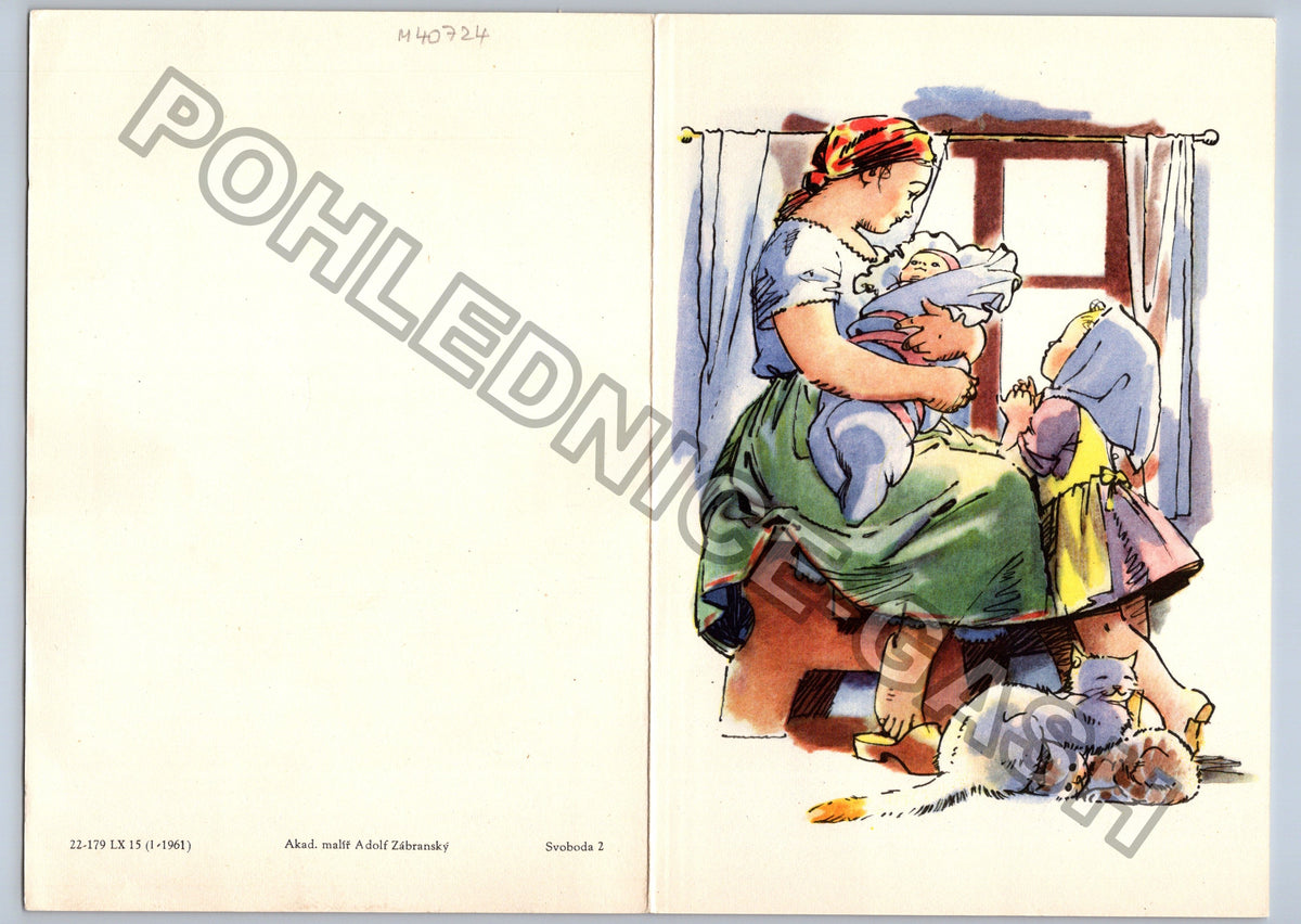 Pohlednice Matka s dítětem a kočkou akademický malíř (M40724)