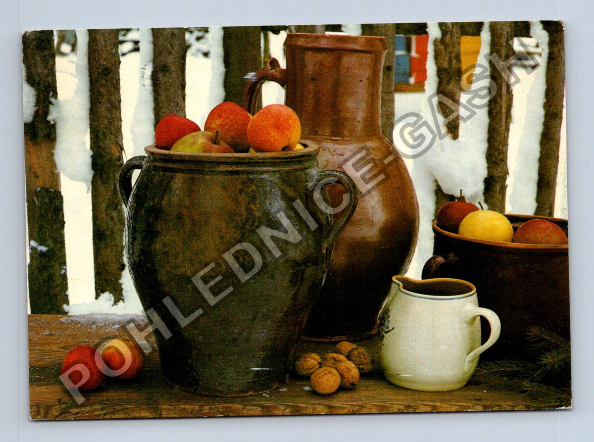 Pohlednice Vánoční pozdrav zátiší s ovocem a nádobami 1979 (M40744)
