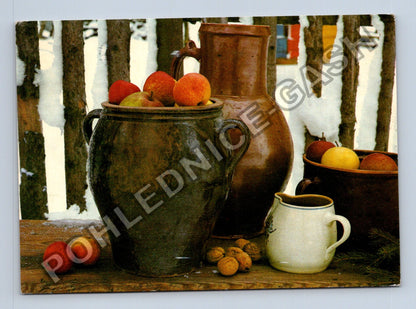 Pohlednice Vánoční pozdrav zátiší s ovocem a nádobami 1979 (M40744)