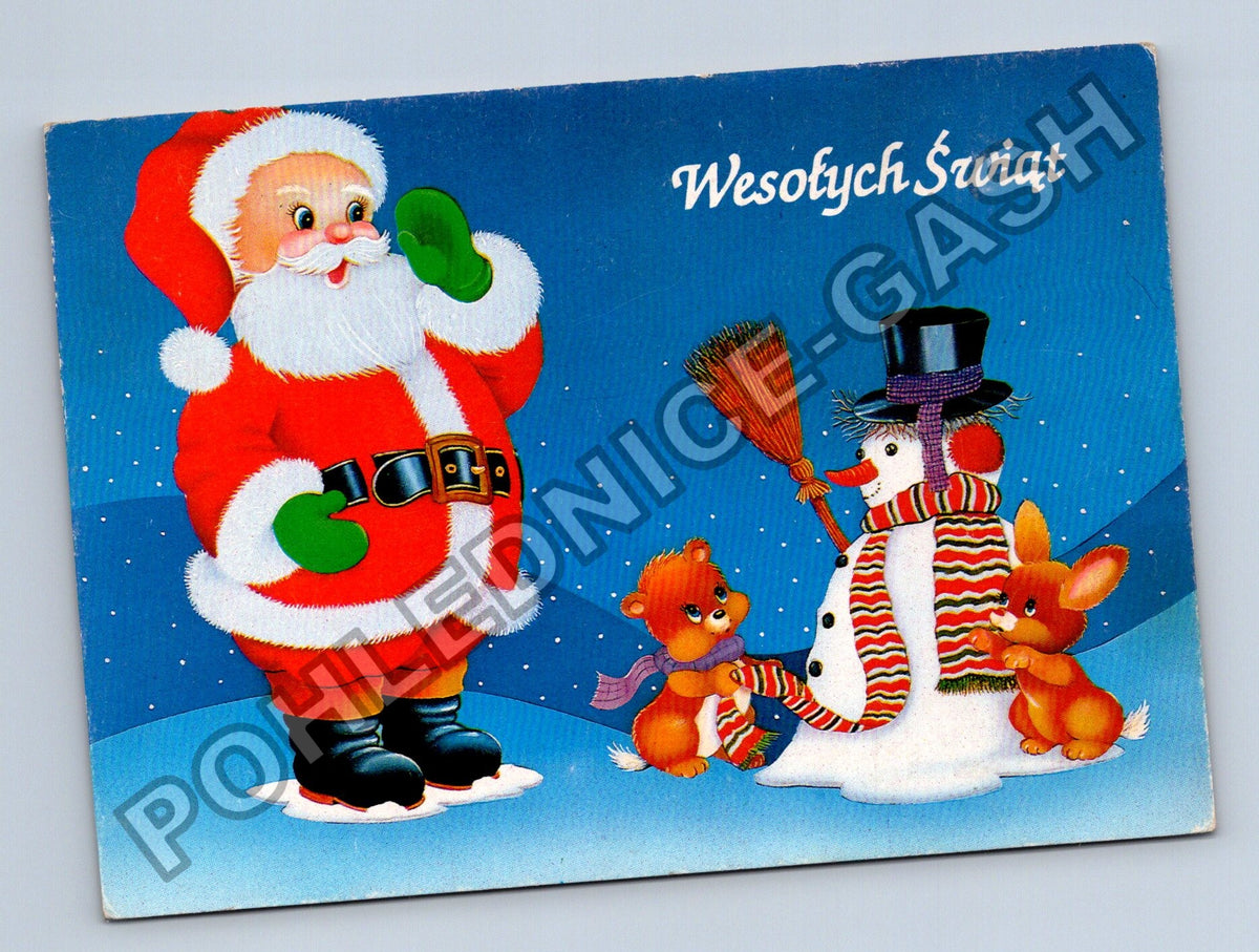 Pohlednice Polsko Vánoční přání Santa sněhulák 1992 (M40766)
