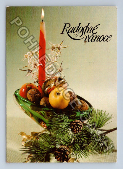 Pohlednice Radostné Vánoce svícen jablko šišky (M40771)