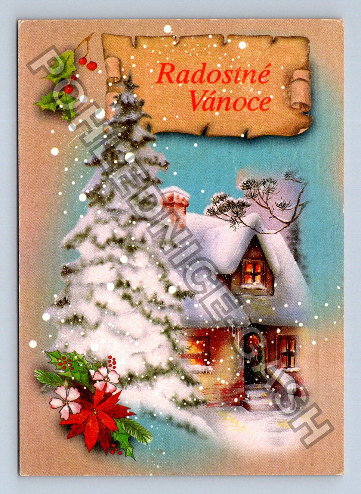 Pohlednice Radostné Vánoce zasněžený dům stromy (M40778)