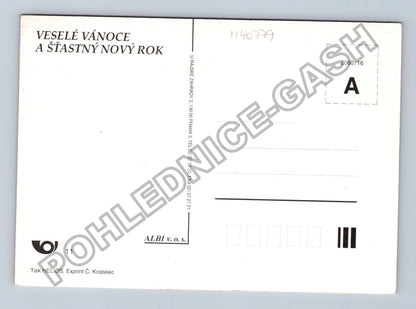 Pohlednice Veselé Vánoce ptáčci na větvi zasněžená chalupa (M40779)