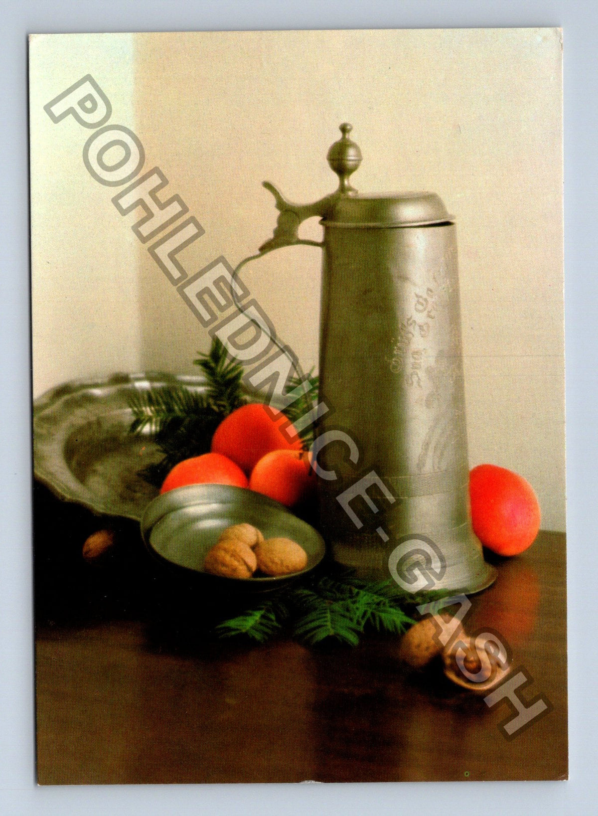 Pohlednice Vánoční motiv cínový korbel ořechy ovoce 1987 (M40795)