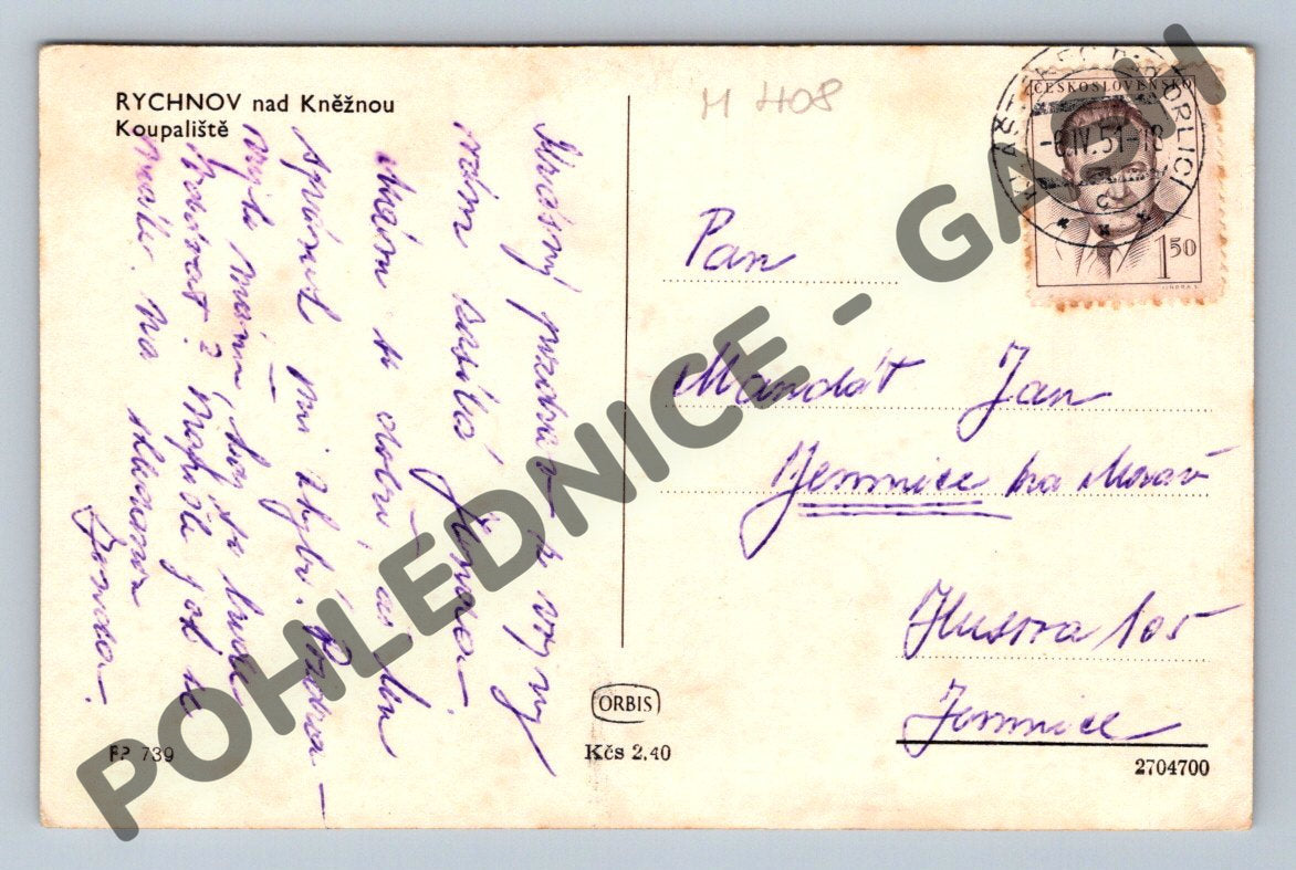 Pohlednice Rychnov nad Kněžnou koupaliště 1951 (M408)