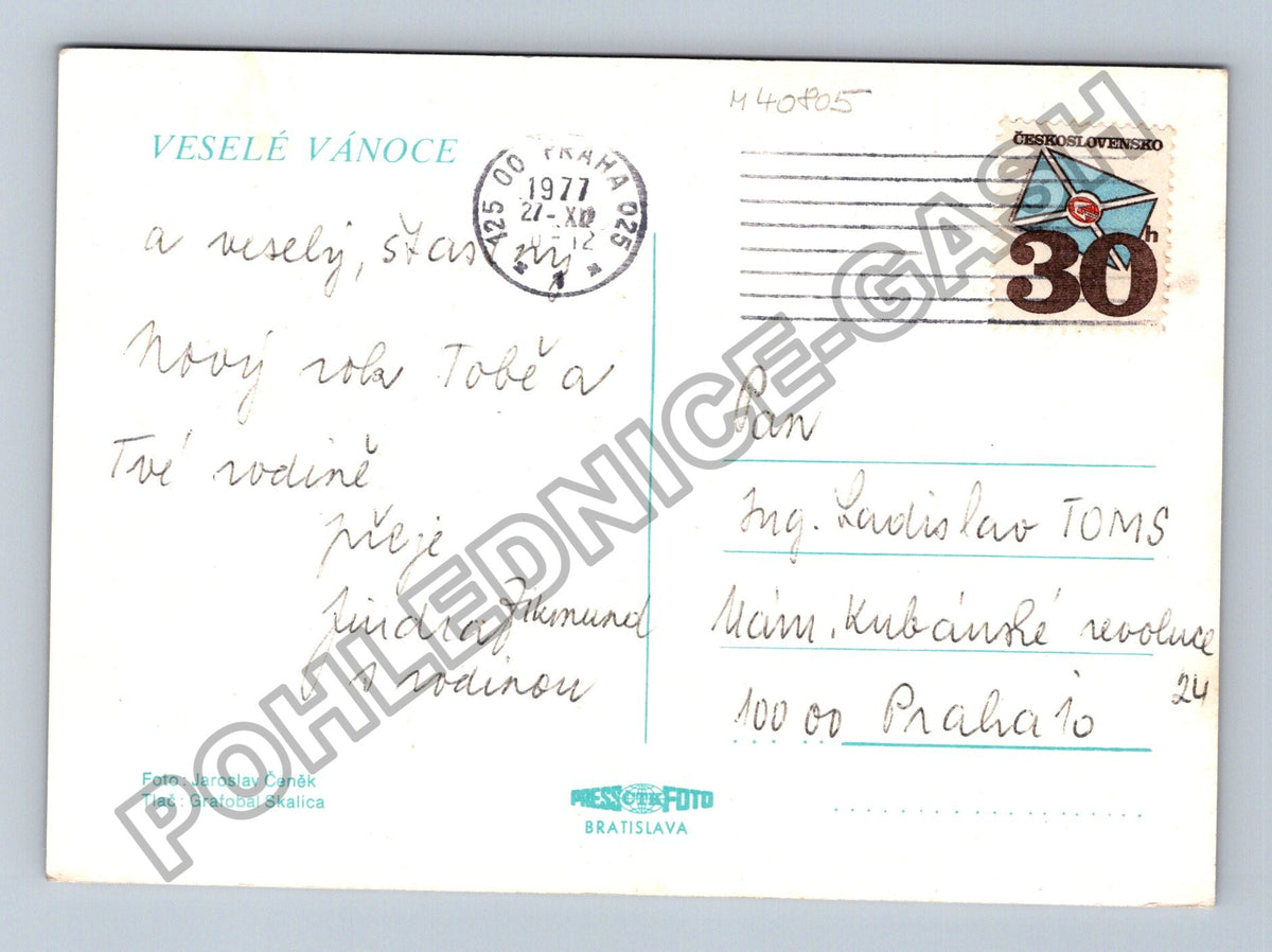 Pohlednice Veselé Vánoce podkova svícen jehličí šišky 1977 (M40805)
